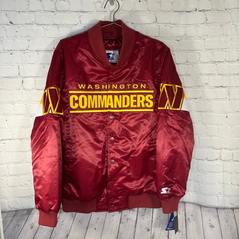 NEW Starter Washington Commanders NFL Satin Bomber Jacket Burgundy Gold L